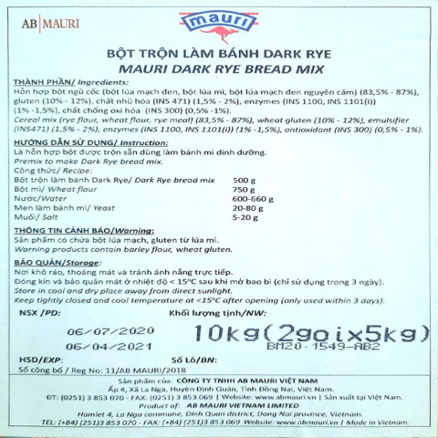 Bột trộn sẵn làm bánh mì đen Mauri Dark Rye 5kg