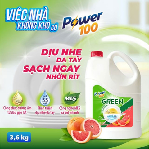 Nước Rửa Chén Power100 Green Tinh Dầu Bưởi Tây 3.6kg